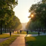 People exercising in a well-maintained public park during early morning