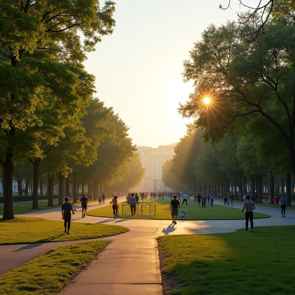 People exercising in a well-maintained public park during early morning