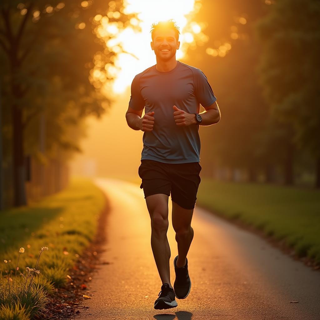 Person jogging in morning sunlight for stress management