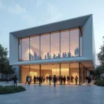 Modern museum exterior with glass facade and geometric architecture