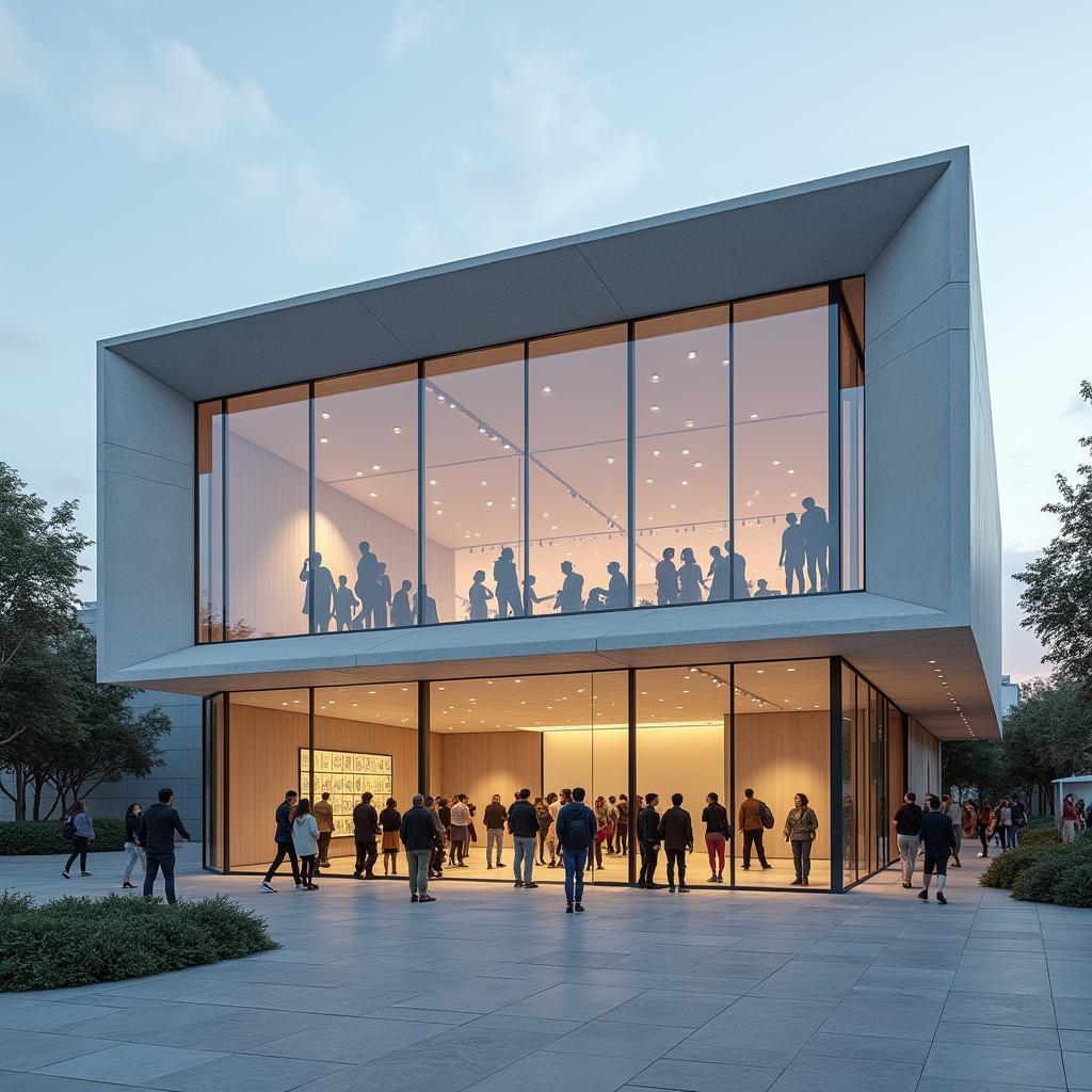 Modern museum exterior with glass facade and geometric architecture