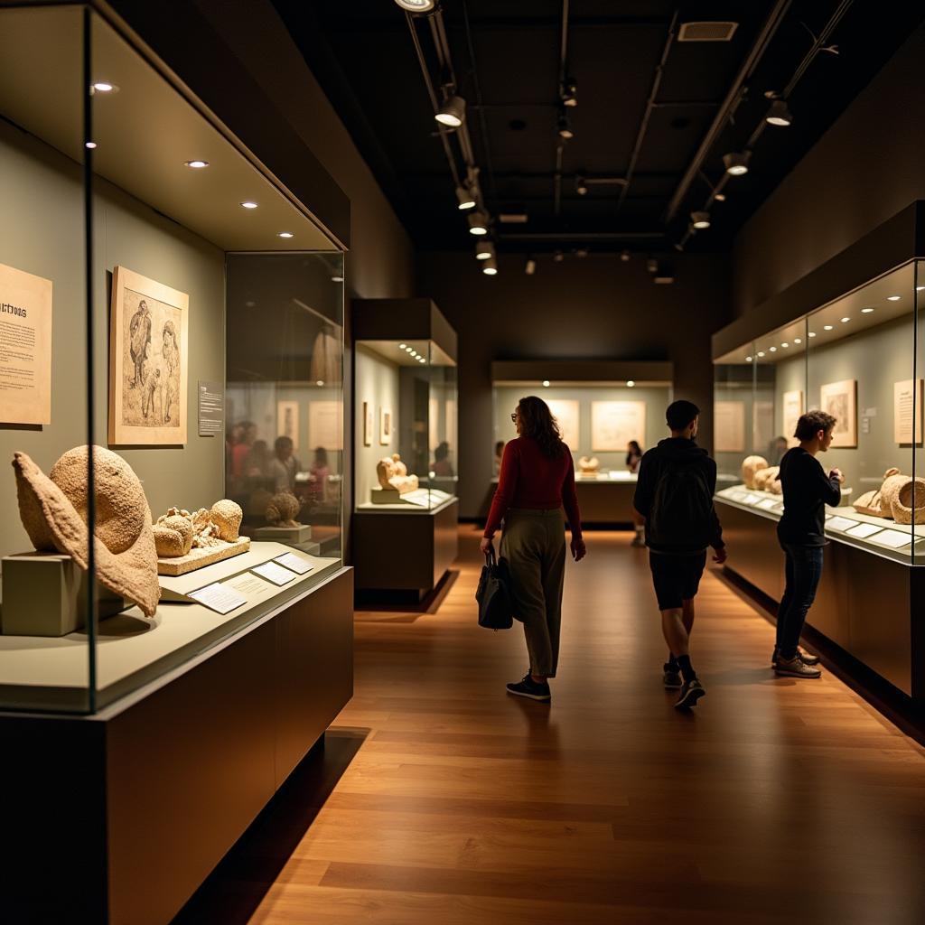 Museum interior showing ancient artifacts in glass display cases