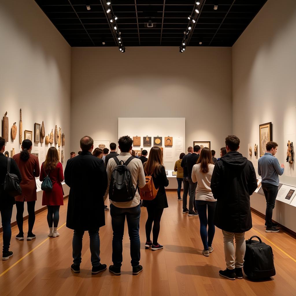Museum visitors engaging with cultural exhibits and interactive displays