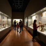 Museums displaying cultural artifacts and historical items in modern exhibition