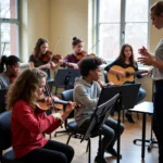 Students practicing musical instruments in a well-equipped classroom setting