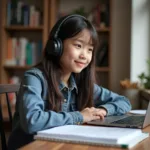 Student listening to music while studying