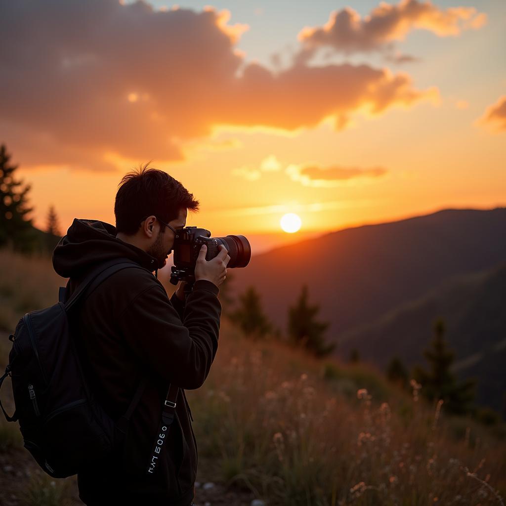 Person engaging in nature photography as a relaxing activity