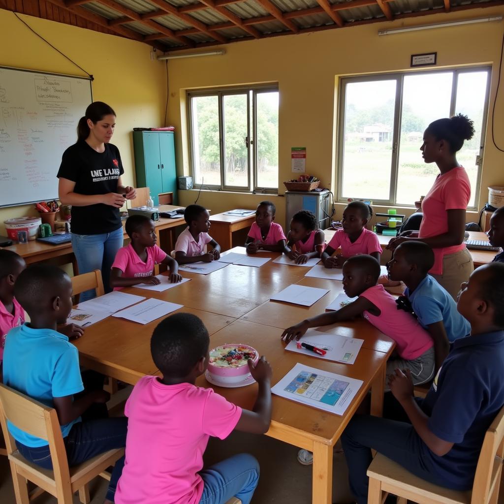 NGO workers providing educational support in underprivileged areas