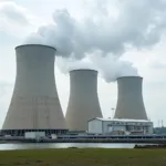 Modern nuclear power facility with cooling towers and advanced safety systems