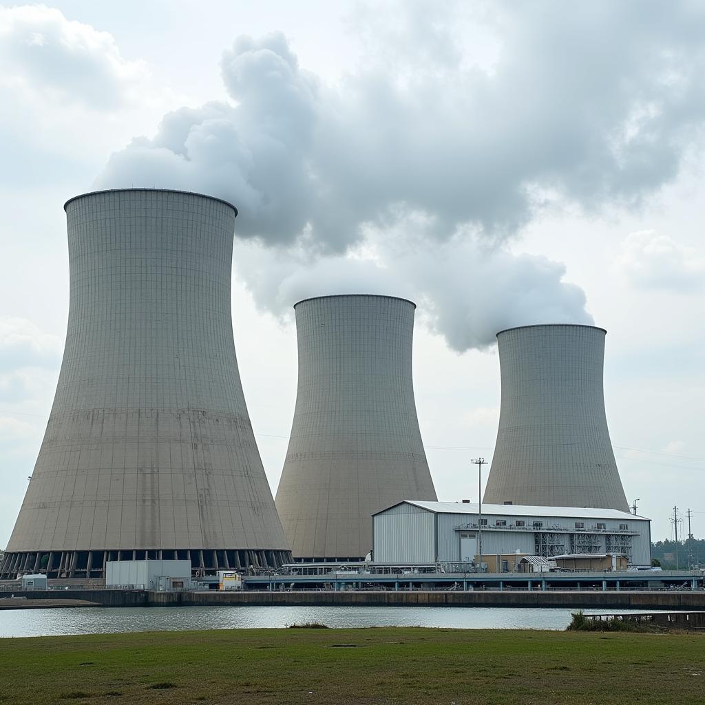Modern nuclear power facility with cooling towers and advanced safety systems