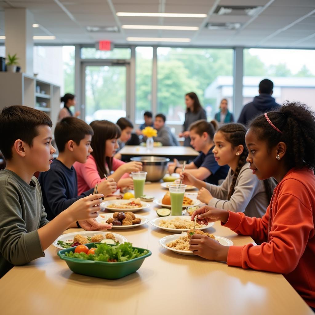 Students eating healthy lunch in modern school cafeteria