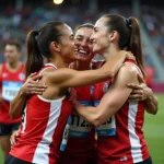 Olympic athletes celebrating together showing international unity