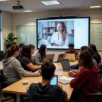 Modern classroom setting with students using digital devices for online learning