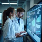 Scientists discussing open access research in modern laboratory
