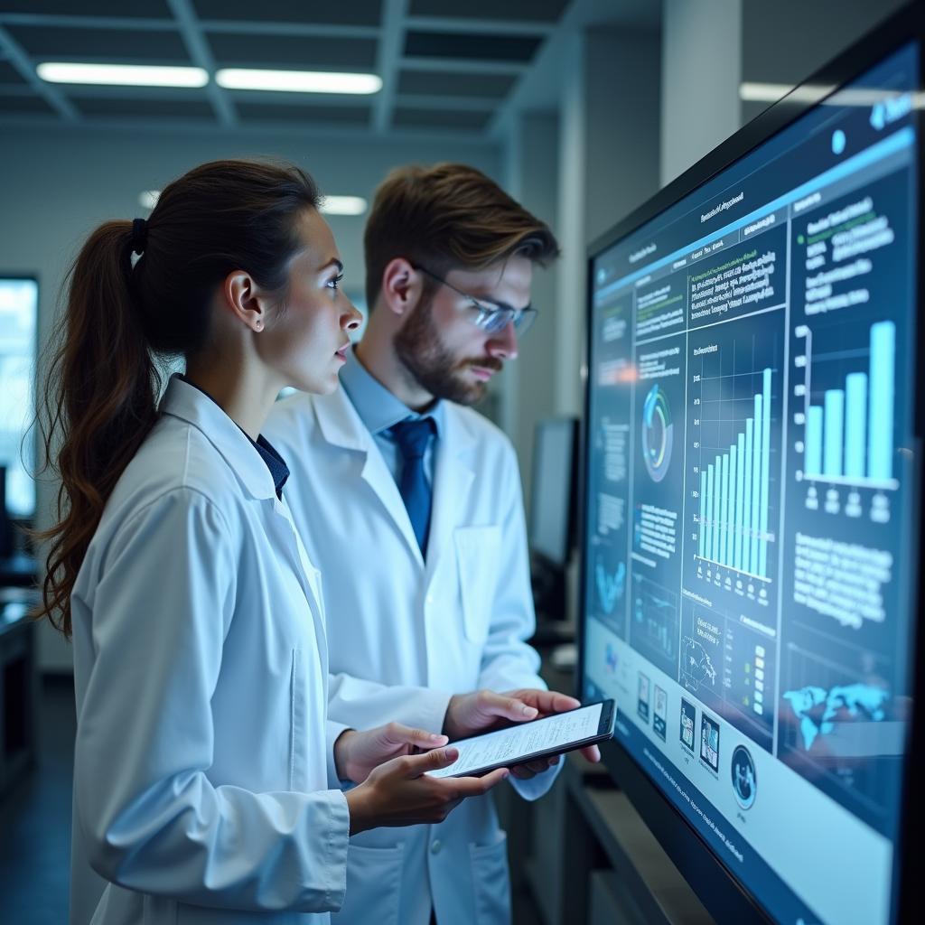 Scientists discussing open access research in modern laboratory