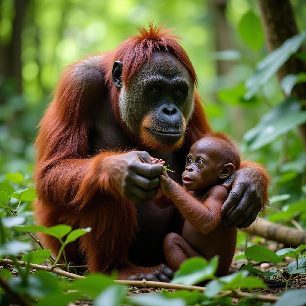 Mother and baby orangutan interaction in natural rainforest habitat