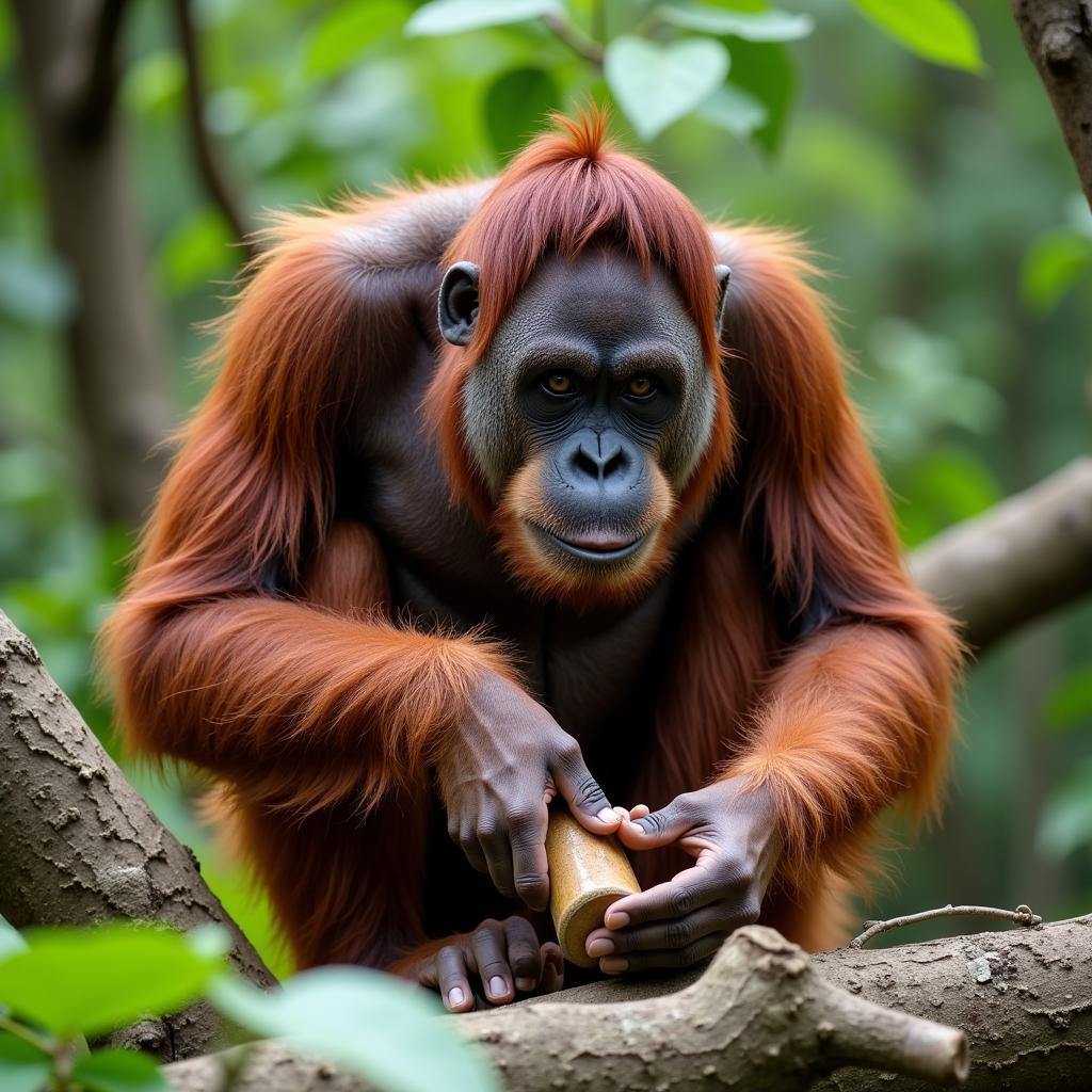 Intelligent Orangutan Displaying Natural Behavior in Rainforest