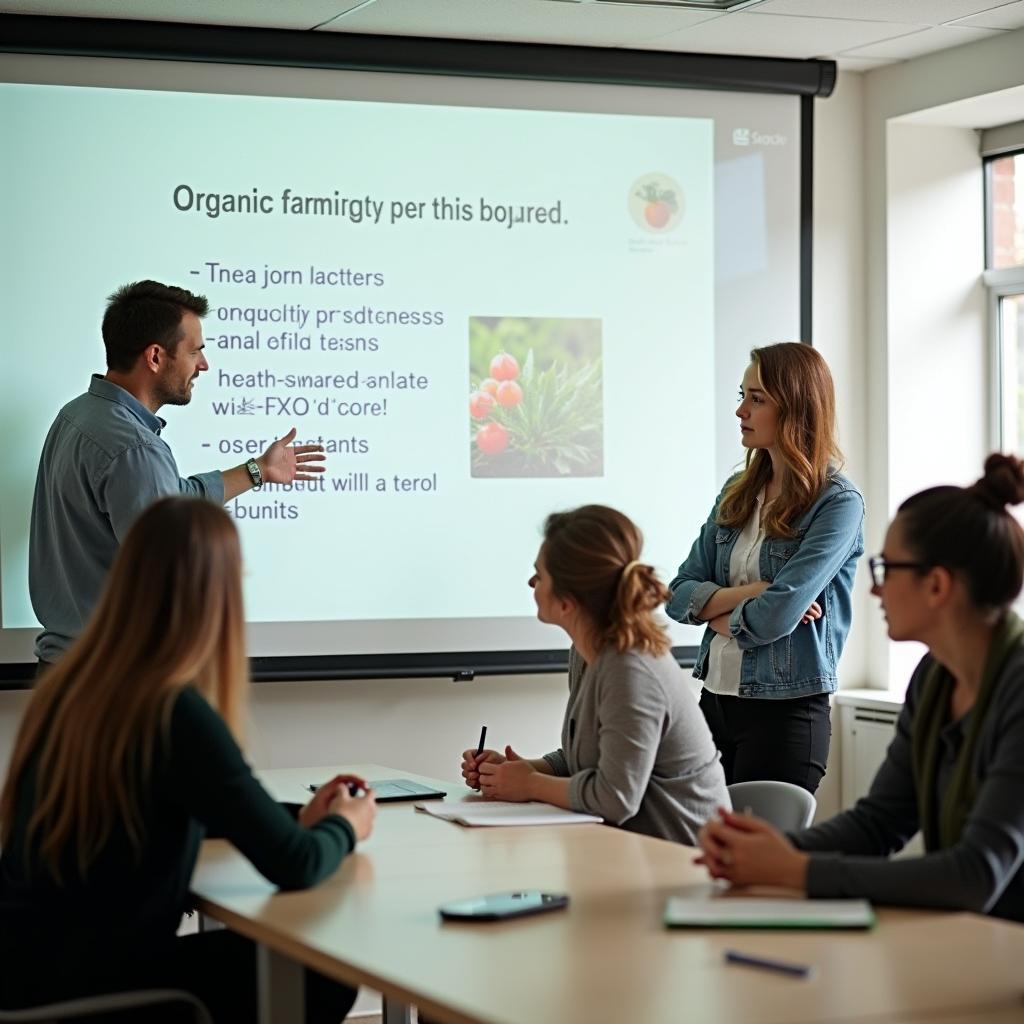 Students discussing organic farming benefits in IELTS preparation class