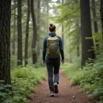 Person enjoying peaceful nature walk in forest setting for stress relief