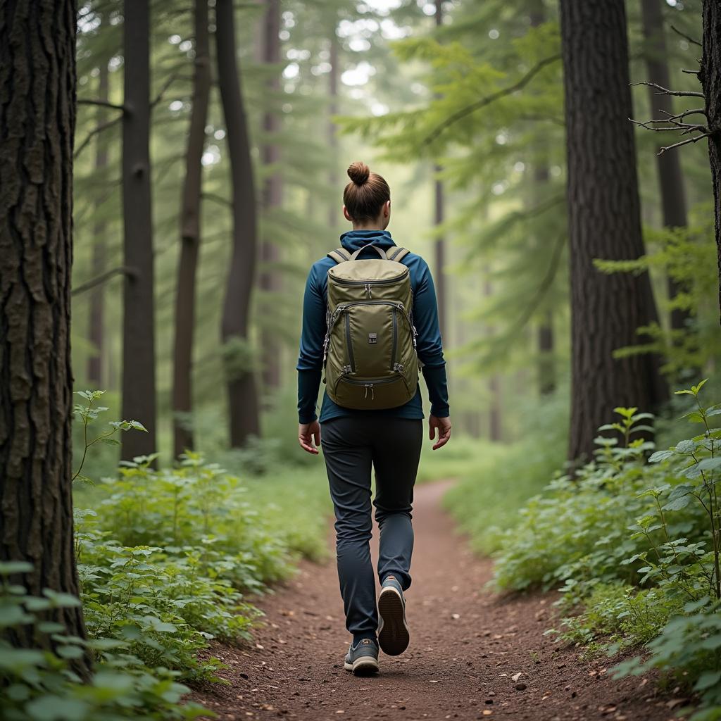 Person enjoying peaceful nature walk in forest setting for stress relief