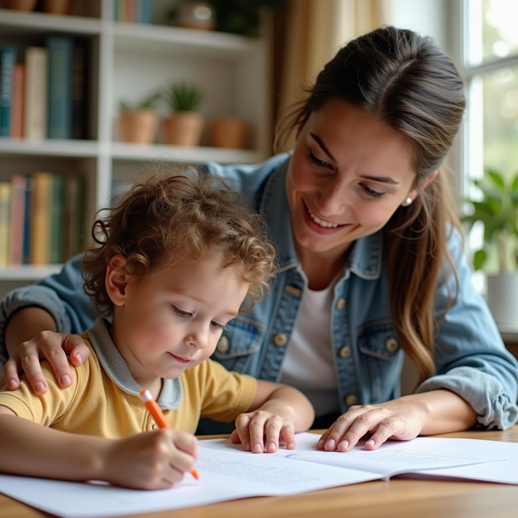 Parent providing guidance while maintaining child's independence in homework