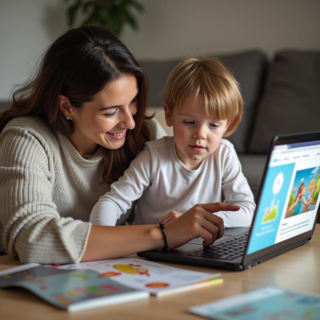 Parents supervising their child's internet activities at home