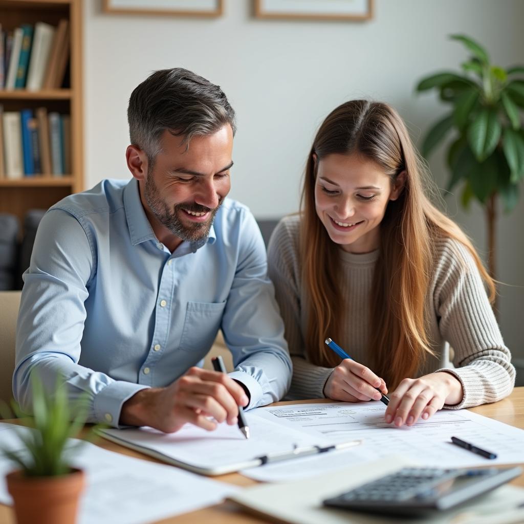 Parents calculating education savings with financial advisor