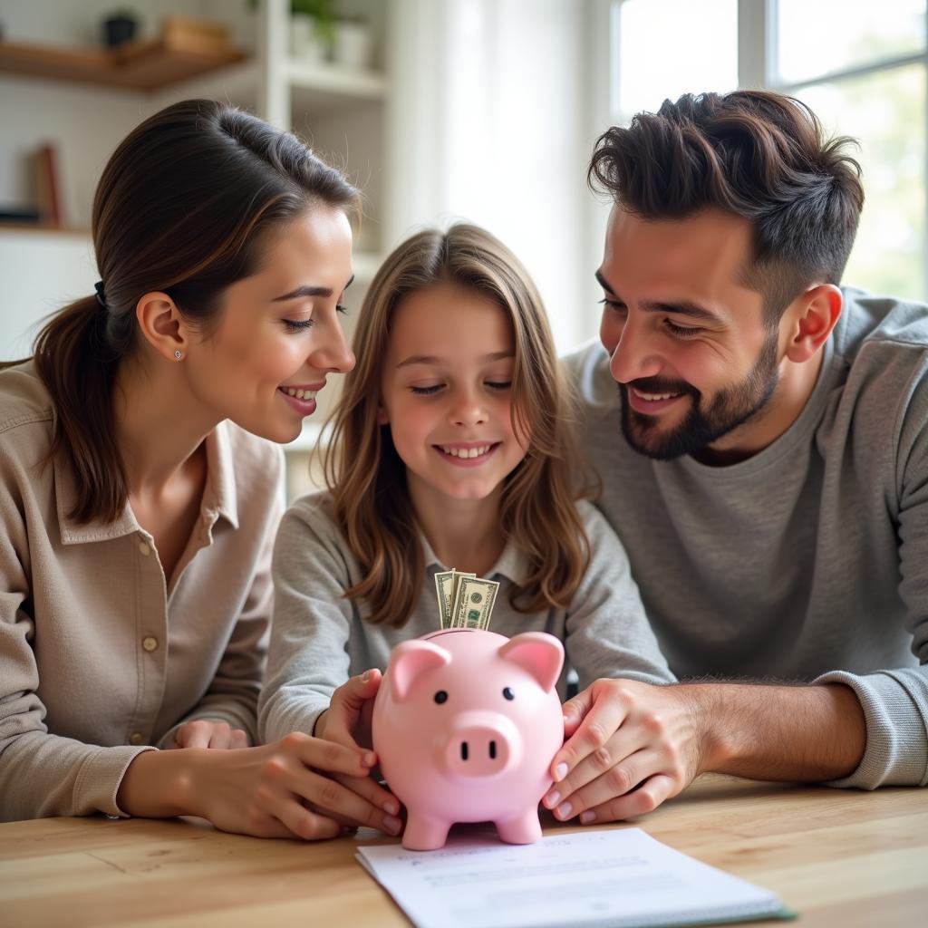 Parents teaching children about saving money at home