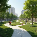 People enjoying various recreational activities in an urban park