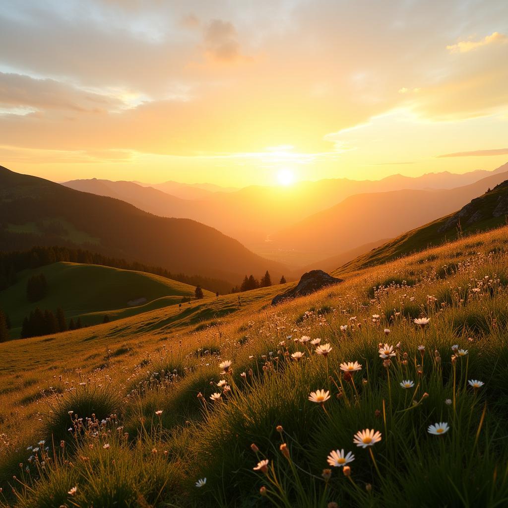 A tranquil hillside meadow during sunset with panoramic views