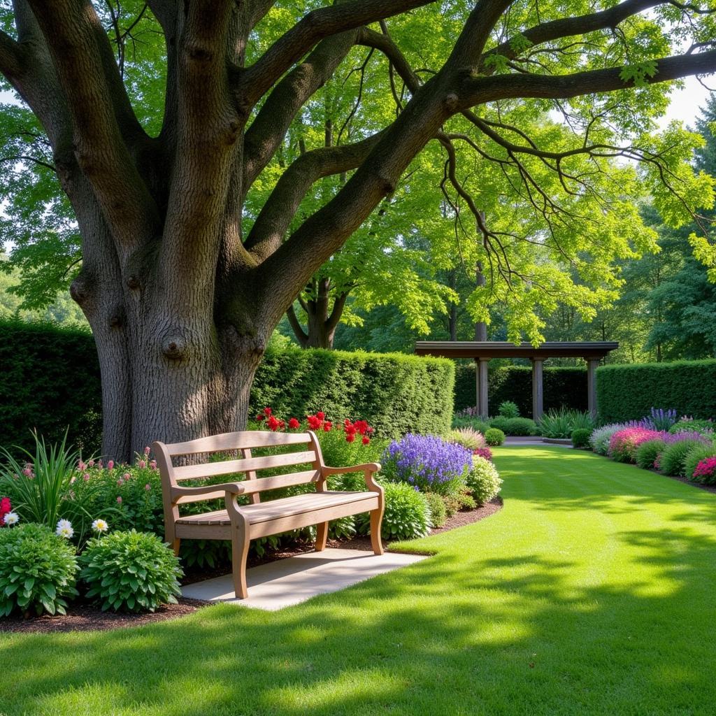 A serene garden bench surrounded by blooming flowers and tall trees