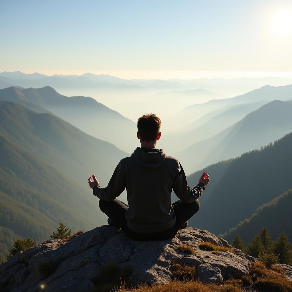 Person sitting on mountain peak enjoying scenic view
