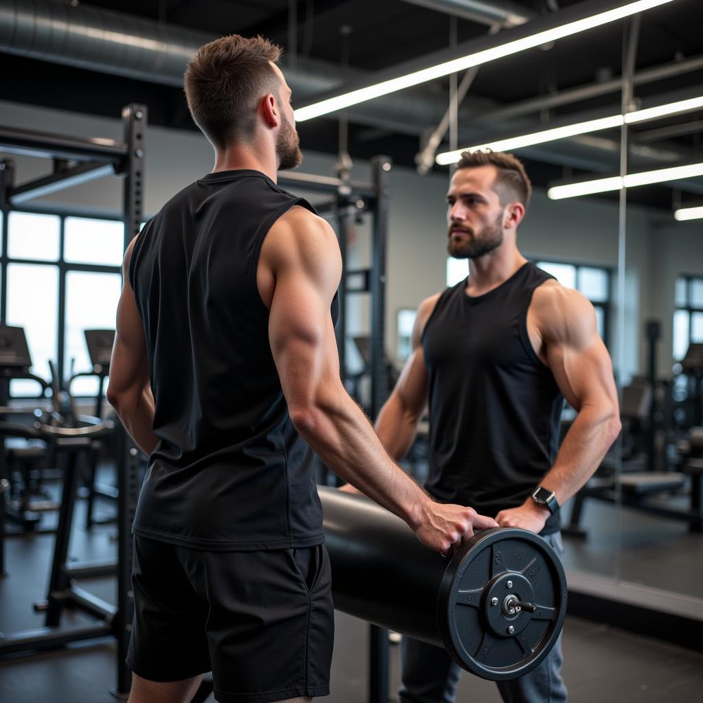 Professional personal trainer demonstrating proper exercise technique to client