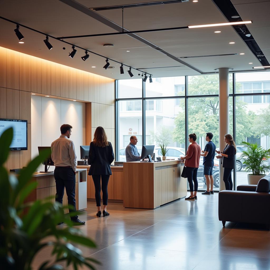 Traditional bank branch showing customer service interaction
