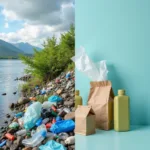 Environmental impact of plastic packaging shown through pollution and alternatives