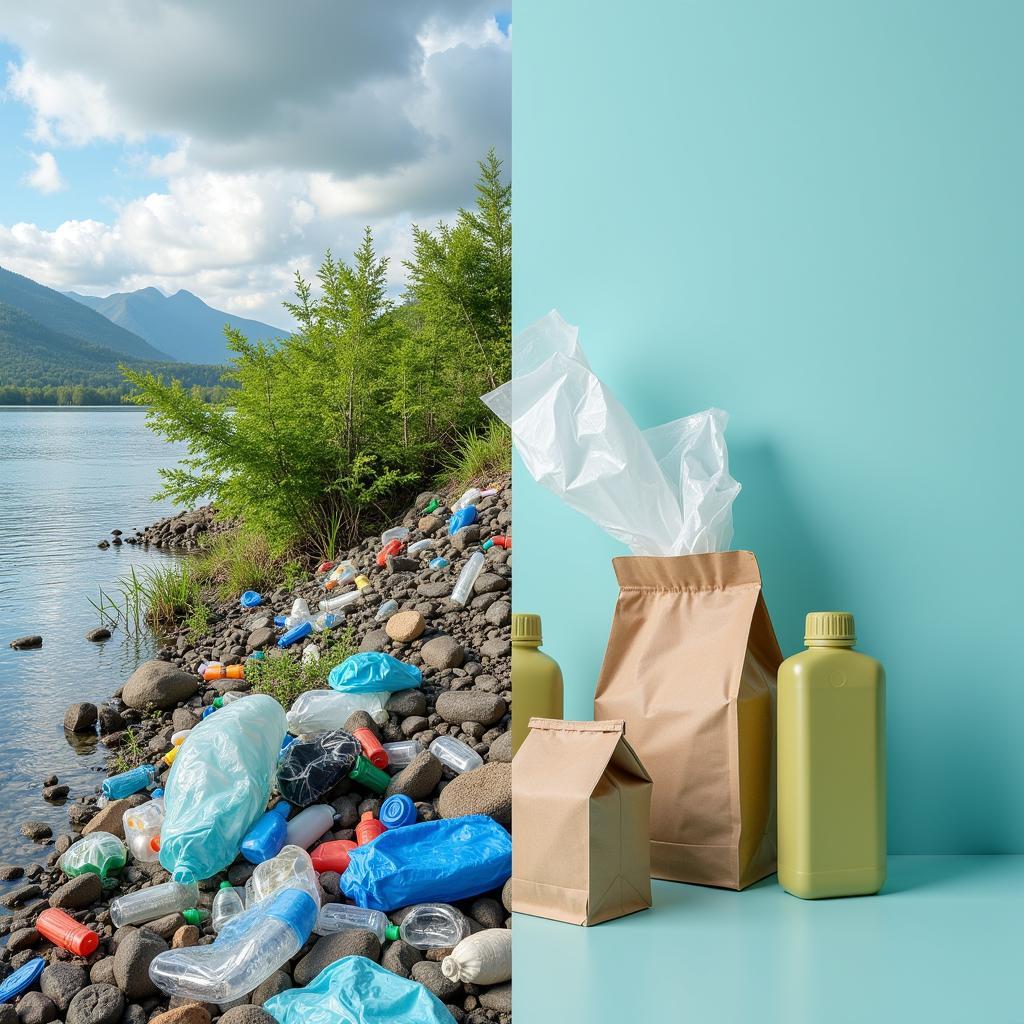 Environmental impact of plastic packaging shown through pollution and alternatives