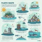 Environmental impact of plastic waste showing ocean pollution and landfills