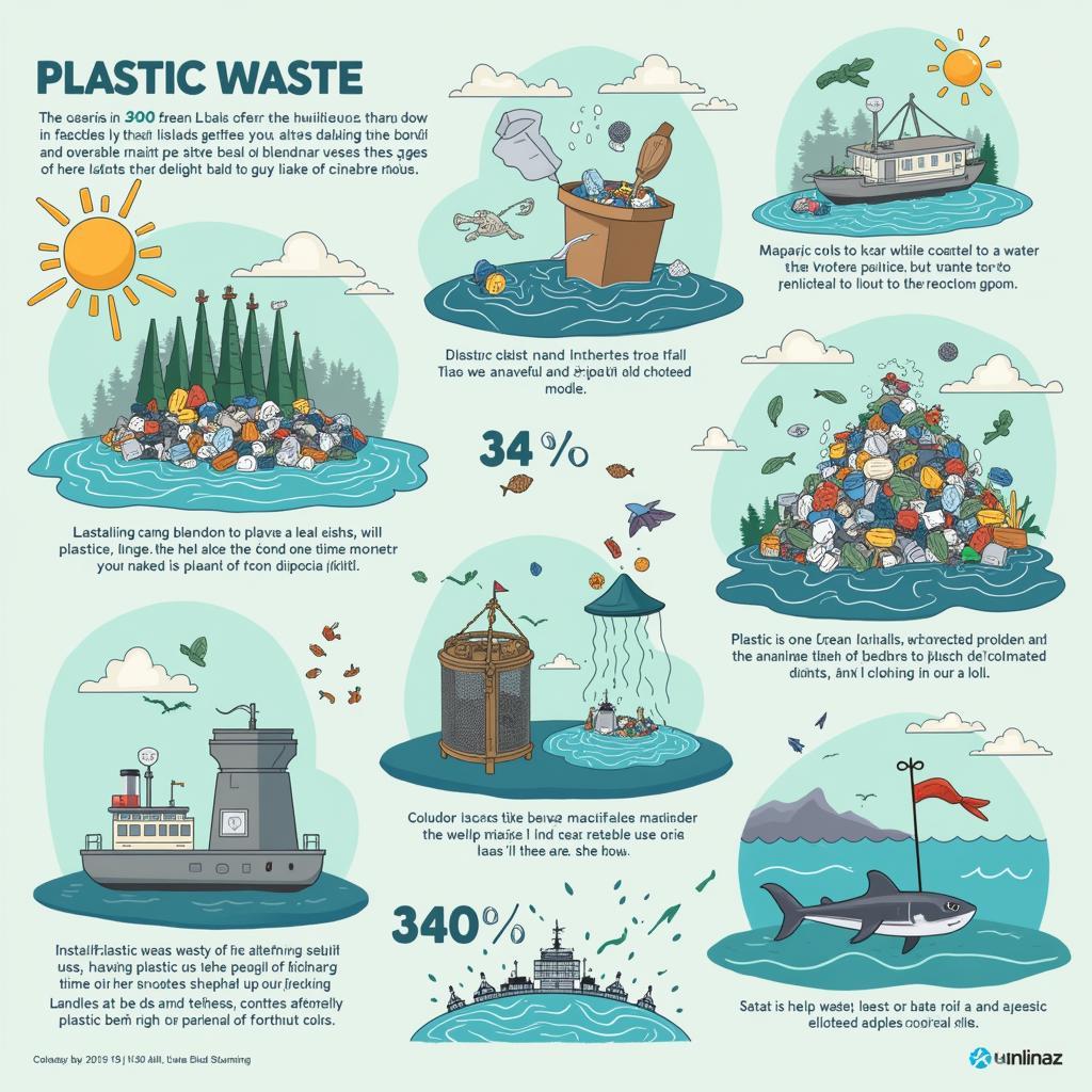Environmental impact of plastic waste showing ocean pollution and landfills