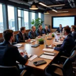 Politicians and public officials discussing code of ethics in modern conference room