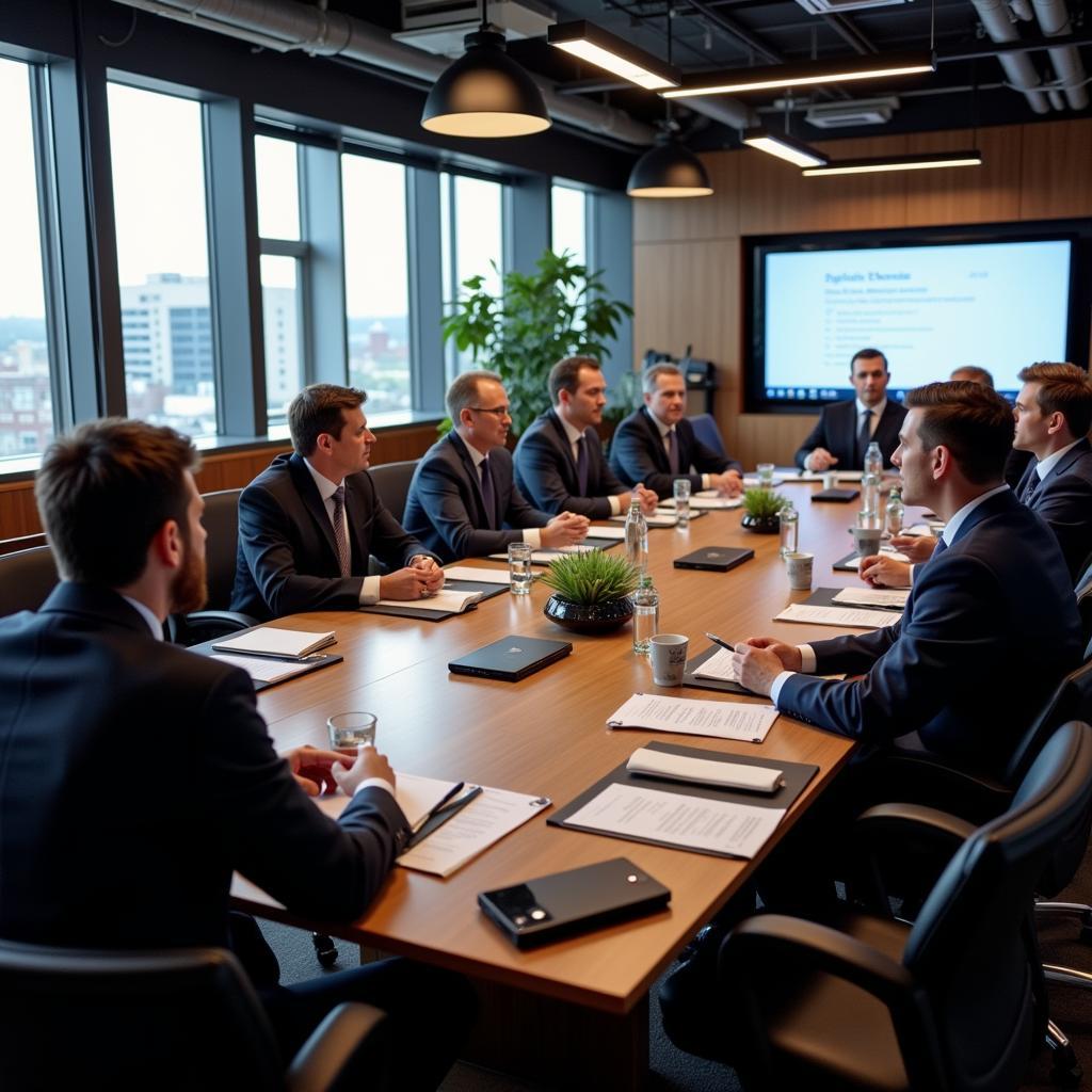 Politicians and public officials discussing code of ethics in modern conference room