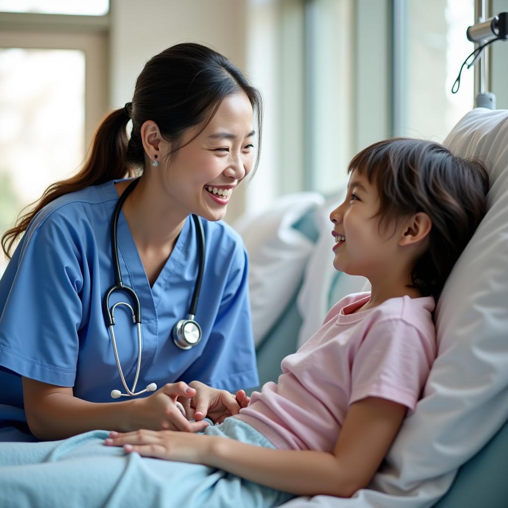 Healthcare professional interacting positively with young patient