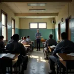 Prison classroom showing inmates studying with teacher