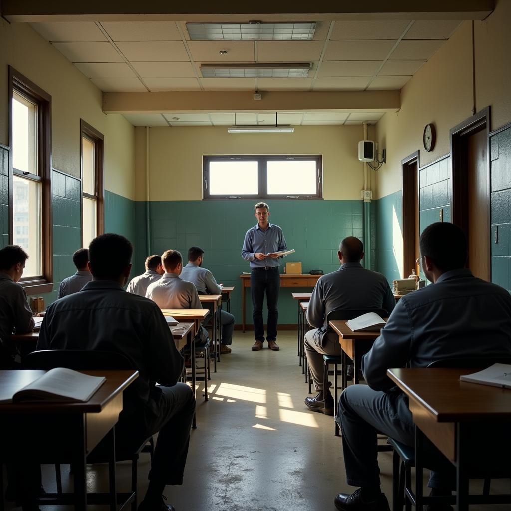 Prison classroom showing inmates studying with teacher