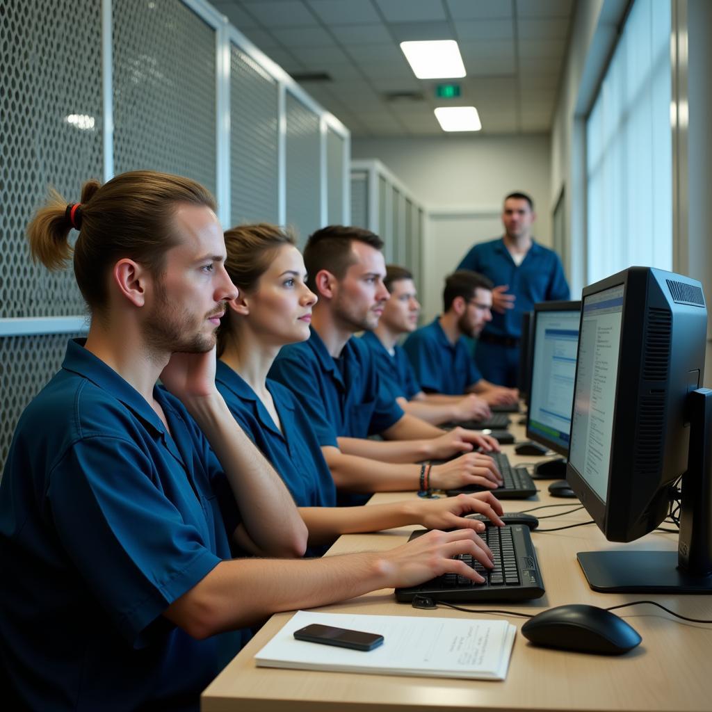 Inmates learning computer skills in modern prison facility