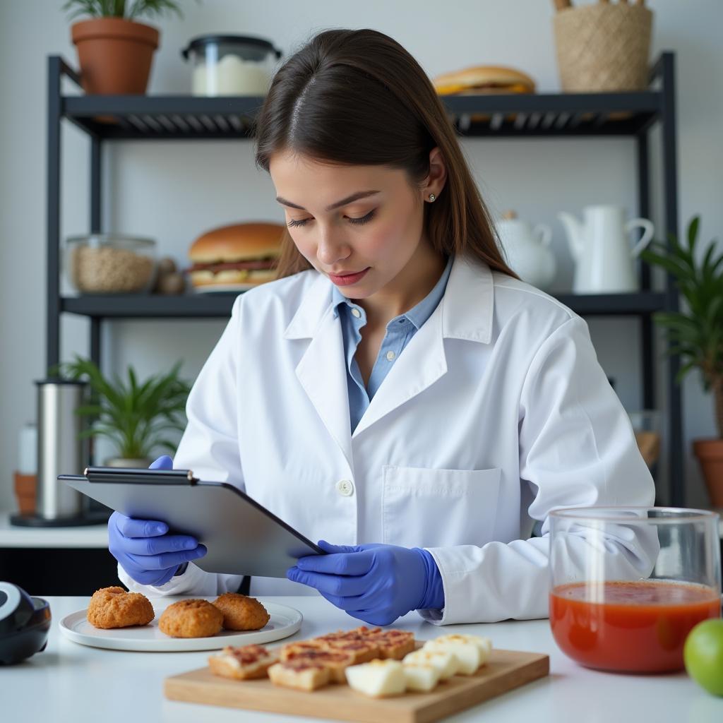 Professional food taster evaluating food samples in commercial kitchen