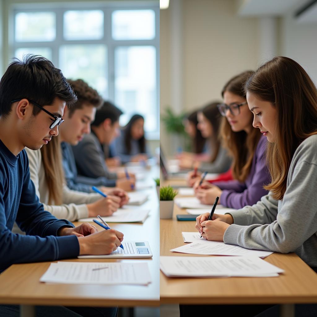 Students working on collaborative project while others take written exam