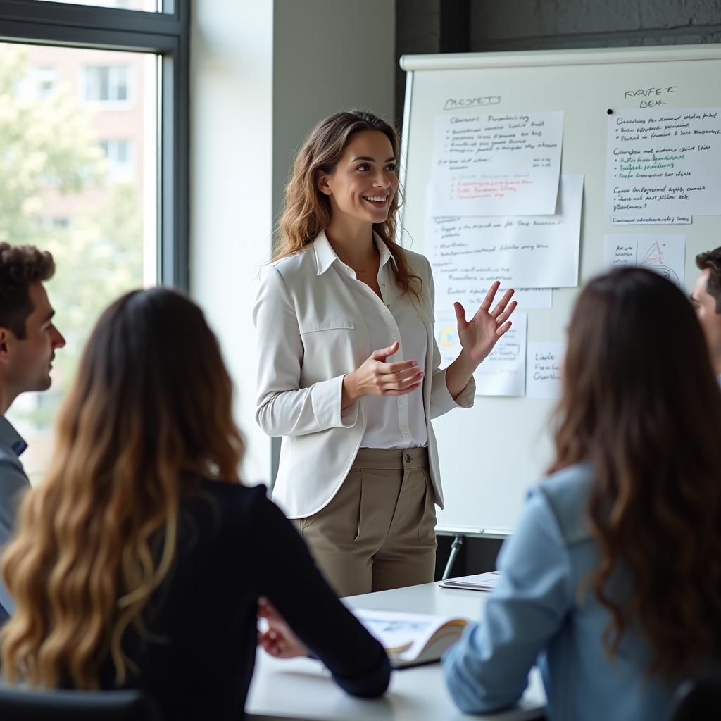 Professional project manager leading team meeting
