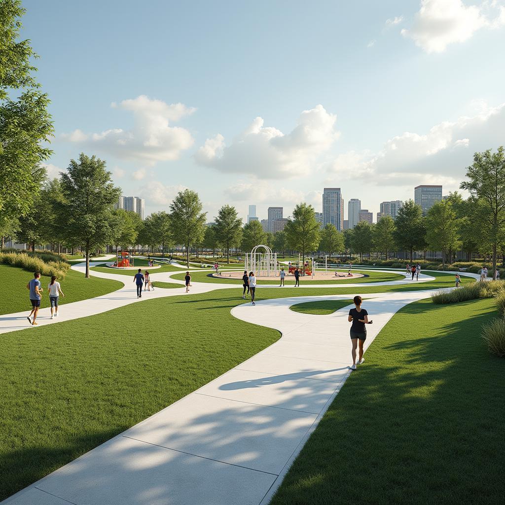 Modern public park with diverse facilities and recreational areas