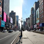 Public spaces filled with advertising billboards versus clean urban environment