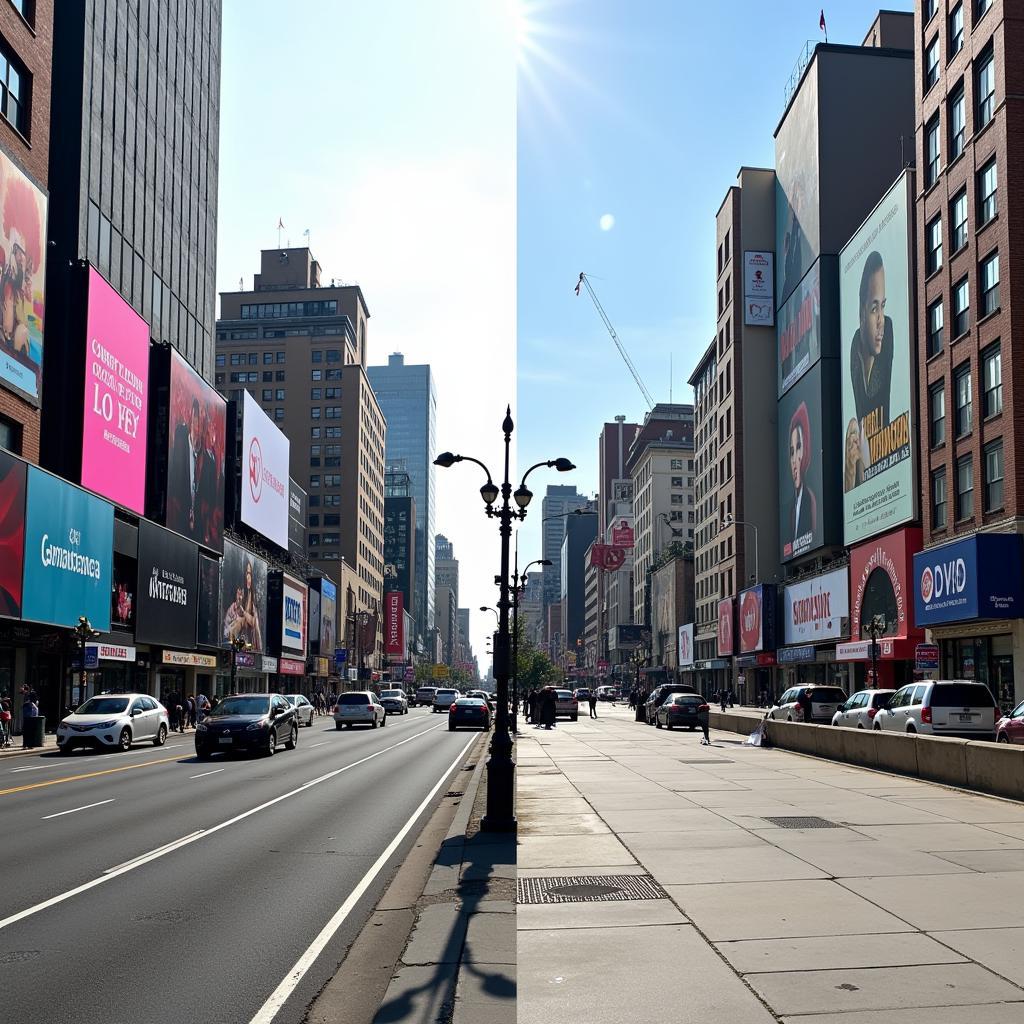 Public spaces filled with advertising billboards versus clean urban environment